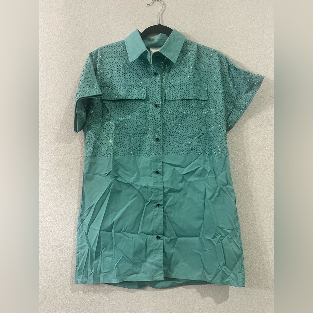 BRAND NEW • QUEEN OF SPARKLES • QOS • TEAL BUTTON UP DRESS • SIZE XS